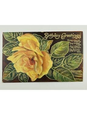 Vintage Birthday Greetings Postcard Large Yellow Rose Embossed Gold Trim E5